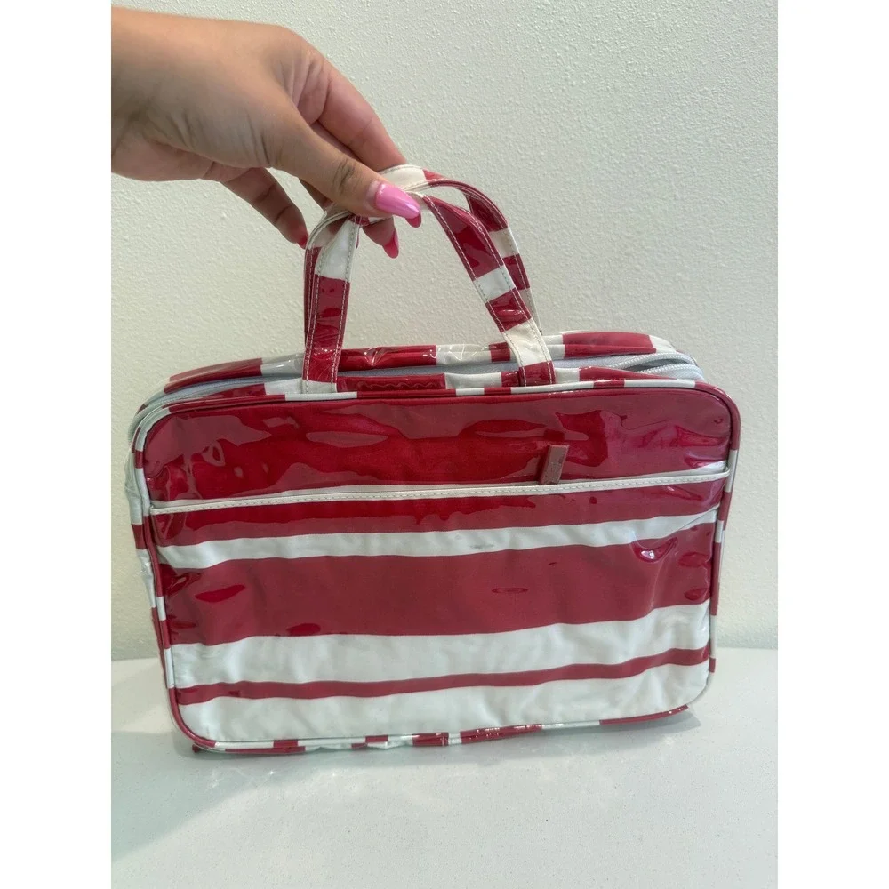 Red White Striped Cosmetic‎ Travel Bag Glossy Patent Organizer Case Zippered